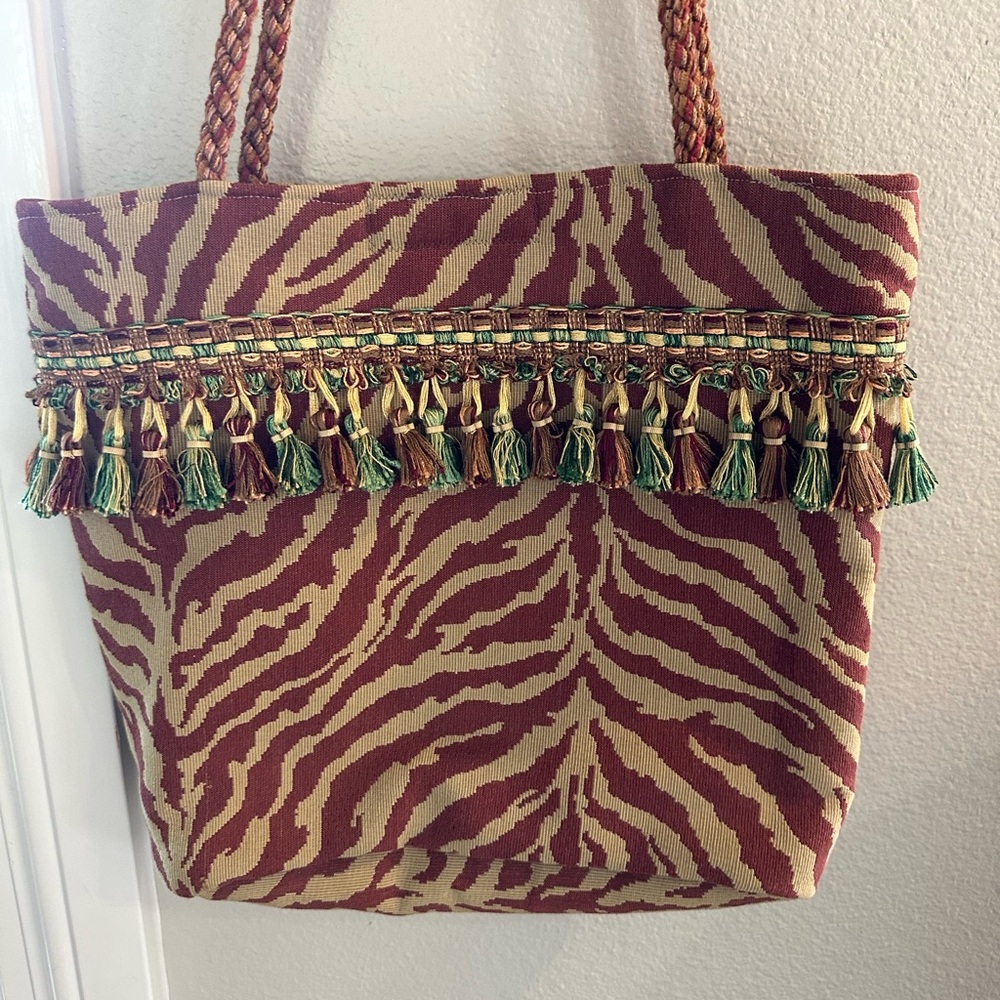 Stylish Maroon and Tan Zebra Tote Bag with Tassel Detail - Picture 10 of 10